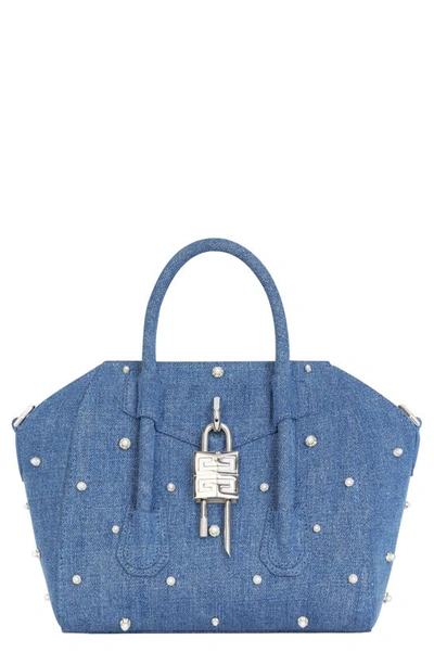 Shop Givenchy Mini Antigona G-lock Denim Satchel In Medium Blue
