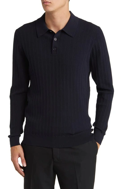 Shop Wax London Oban Engineered Rib Knit Polo Sweater In Navy