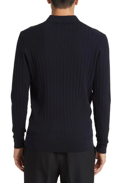 Shop Wax London Oban Engineered Rib Knit Polo Sweater In Navy