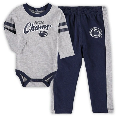 Shop Outerstuff Newborn & Infant Heathered Gray/navy Penn State Nittany Lions Little Kicker Long Sleeve Bodysuit & S In Heather Gray