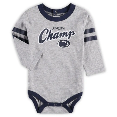Shop Outerstuff Newborn & Infant Heathered Gray/navy Penn State Nittany Lions Little Kicker Long Sleeve Bodysuit & S In Heather Gray