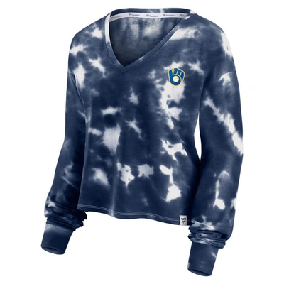 Shop Fanatics Branded White/navy Milwaukee Brewers Tie-dye V-neck Pullover Cropped Tee