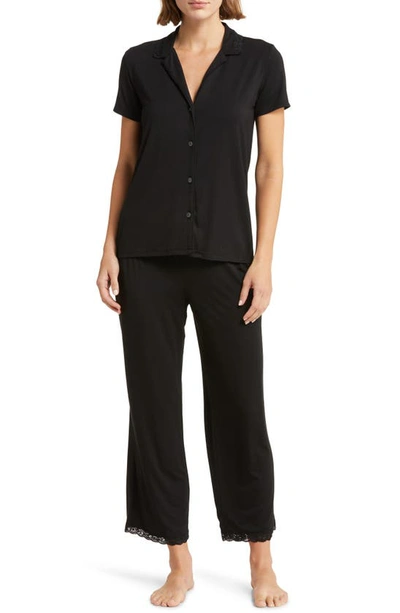 Shop Natori Feathers Lace Trim Jersey Pajamas In Black