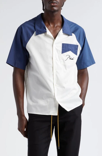 Shop Rhude Colorblock Raglan Sleeve Cotton Poplin Button-up Shirt In Navy/ Creme