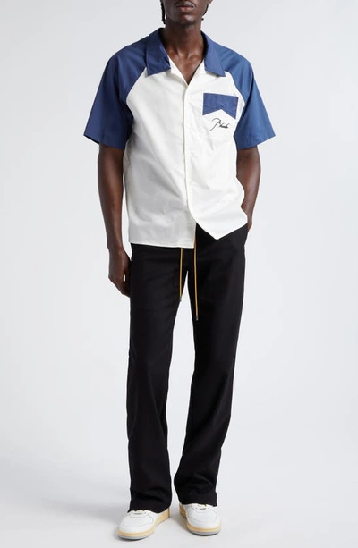 Shop Rhude Colorblock Raglan Sleeve Cotton Poplin Button-up Shirt In Navy/ Creme
