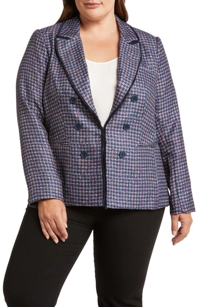 Shop Tahari Houndstooth Faux Double Breasted Blazer In Navy/ Pink/ Violet