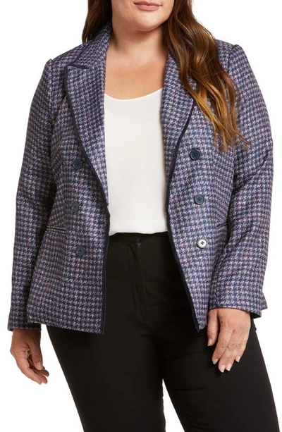 Tahari Houndstooth Faux Double Breasted Blazer In Navy/ Pink/ Violet
