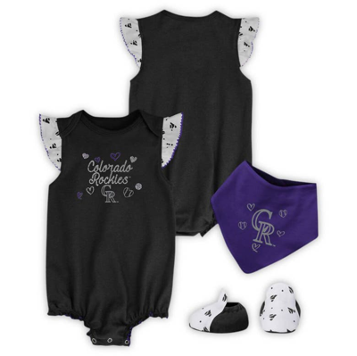 Shop Outerstuff Girls Newborn & Infant Black Colorado Rockies 3-piece Home Plate Bodysuit Bib & Booties Set