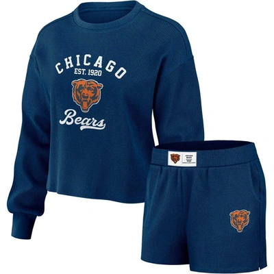 Shop Wear By Erin Andrews Navy Chicago Bears Waffle Knit Long Sleeve T-shirt & Shorts Lounge Set