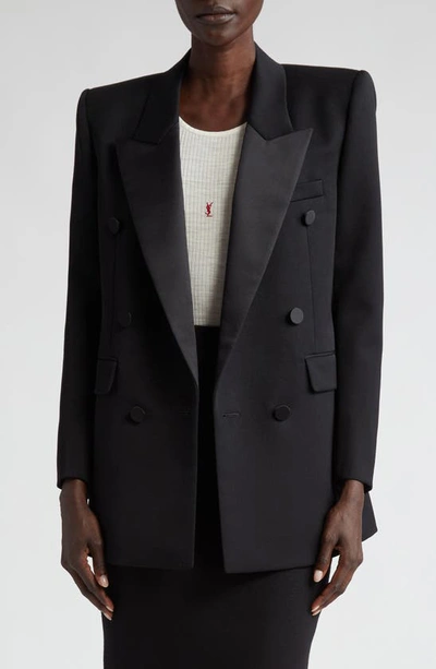 Shop Saint Laurent Double Breasted Wool Grain De Poudre Tuxedo Jacket In Noir
