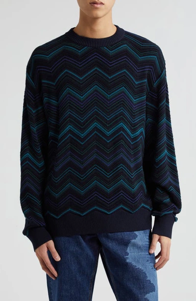 Shop Missoni Zigzag Stripe Cotton Blend Crewneck Sweater In Dark Blue Base/ Green