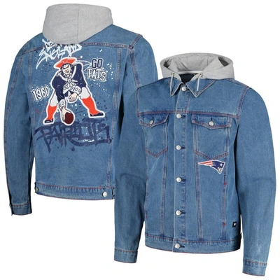 Shop The Wild Collective New England Patriots Hooded Full-button Denim Jacket In Blue