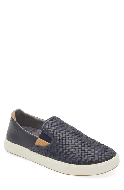 Shop Olukai Lae'ahi Lauhala Woven Leather Shoe In Trench Blue / Trench Blue