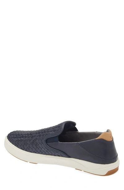 Shop Olukai Lae'ahi Lauhala Woven Leather Shoe In Trench Blue / Trench Blue