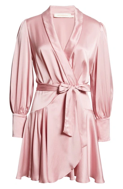 Shop Zimmermann Long Sleeve Silk Wrap Minidress In Pink