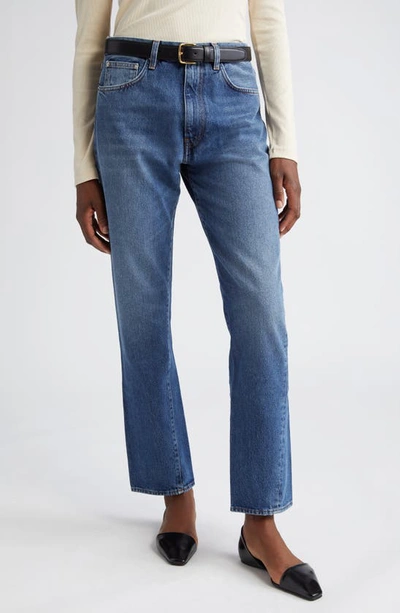 Shop Totême Twisted Seam High Waist Straight Leg Crop Jeans In Washed Blue