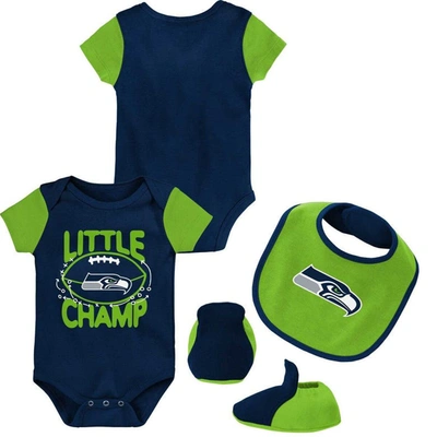 Outerstuff Newborn & Infant College Navy/neon Green Seattle Seahawks Little Champ Three-piece Bodysuit Bib & Bo In Navy