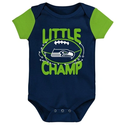 Outerstuff Newborn & Infant College Navy/neon Green Seattle Seahawks Little Champ Three-piece Bodysuit Bib & Bo In Navy
