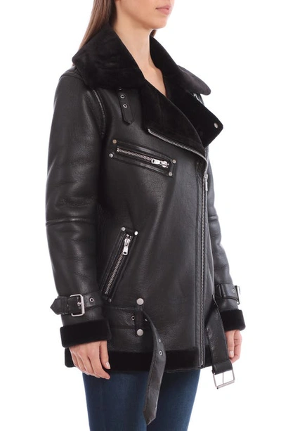 Shop Avec Les Filles Faux Shearling Trim Faux Leather Biker Jacket In Black