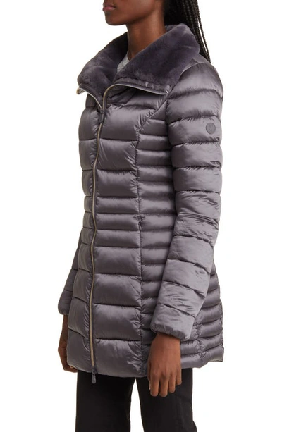 Save The Duck Caroline Faux Fur Collar Longline Puffer Jacket In Purple Smoke