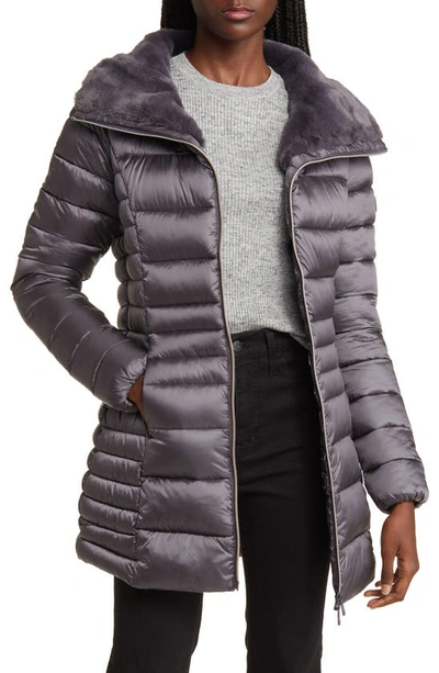 Save The Duck Caroline Faux Fur Collar Longline Puffer Jacket In Purple Smoke