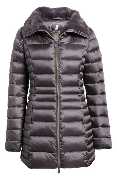 Save The Duck Caroline Faux Fur Collar Longline Puffer Jacket In Purple Smoke