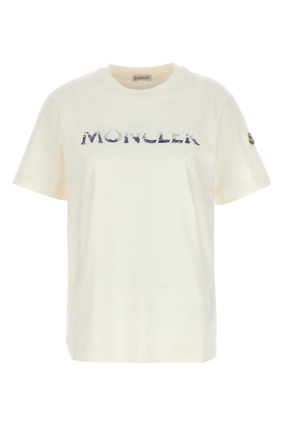 Shop Moncler Women Sequin Logo T-shirt In White