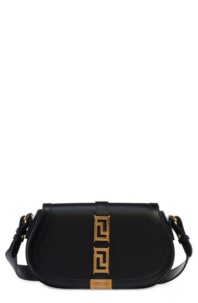 Shop Versace Medium Greca Goddess Leather Shoulder Bag In Black- Gold