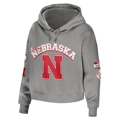 Shop Wear By Erin Andrews Gray Nebraska Huskers Mixed Media Cropped Pullover Hoodie