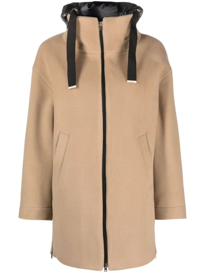 Shop Herno Zip-up Hooded Coat In Beige