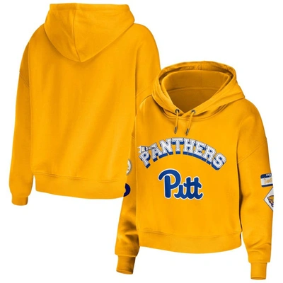 Shop Wear By Erin Andrews Gold Pitt Panthers Mixed Media Cropped Pullover Hoodie