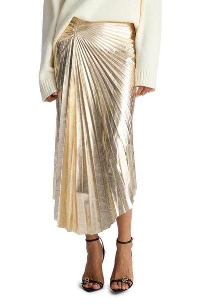 Shop A.l.c Tori Pleated Asymmetric Metallic Faux Leather Skirt In Gold