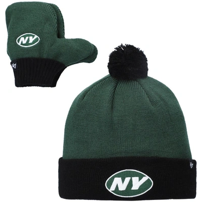Shop 47 Toddler ' Green/black New York Jets Bam Bam Cuffed Knit Hat With Pom And Mittens Set
