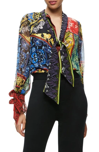 Shop Alice And Olivia Lloyd Print Tie Neck Silk Blouse In After Sunset