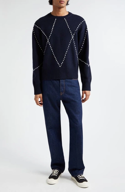 Shop Kenzo Sashiko Stitch Wool Blend Crewneck Sweater In 77- Midnight Blue