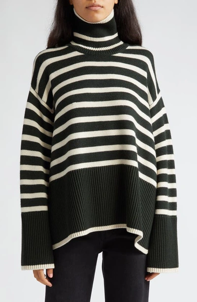 Shop Totême Signature Stripe Wool & Organic Cotton Turtleneck Sweater In Fir Green