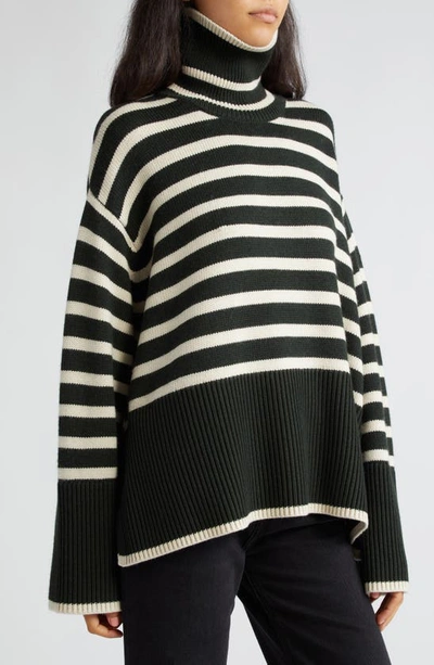 Shop Totême Signature Stripe Wool & Organic Cotton Turtleneck Sweater In Fir Green