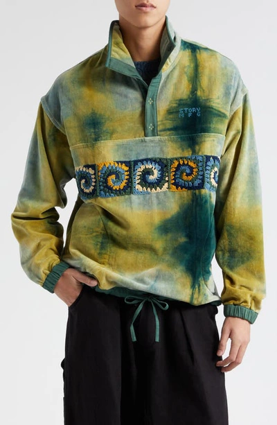 Shop Story Mfg. Polite Oversize Crochet Panel Organic Cotton Velveteen Pullover In Grass Clamp