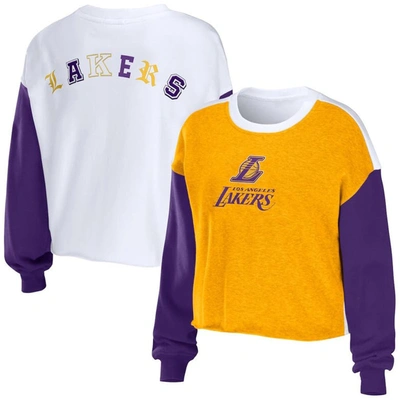 Shop Wear By Erin Andrews Heather Gold Los Angeles Lakers Mixed Letter Cropped Pullover Sweatshirt
