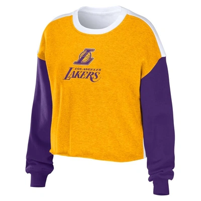 Shop Wear By Erin Andrews Heather Gold Los Angeles Lakers Mixed Letter Cropped Pullover Sweatshirt
