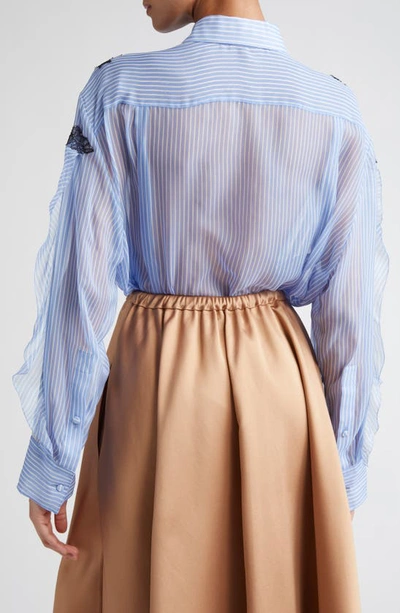 Shop Valentino Lace Ruffle Stripe Silk Chiffon Button-up Shirt In Light Blue/ Bianco