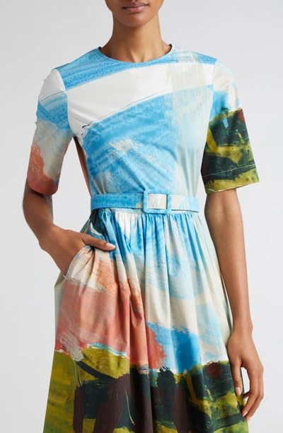 Shop Oscar De La Renta Landscape Print Belted Stretch Cotton Midi Dress In Powder Blue Mul