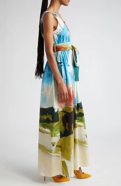 Shop Oscar De La Renta Landscape Print Bow Detail Stretch Cotton Dress In Powder Blue Mul