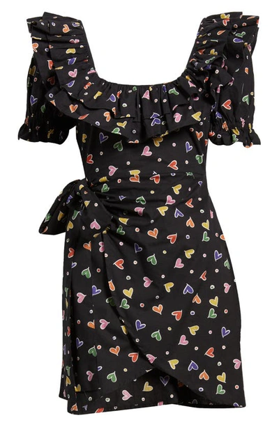 Shop Asos Design Heart Print Ruffle Cotton Wrap Minidress In Black