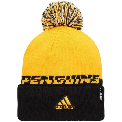 Shop Adidas Originals Adidas Yellow/black Pittsburgh Penguins Cold.rdy Cuffed Knit Hat With Pom