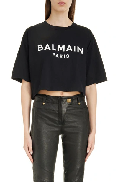 Shop Balmain Logo Crop Cotton Graphic T-shirt In Eab Black/ White