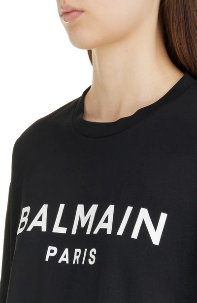 Shop Balmain Logo Crop Cotton Graphic T-shirt In Eab Black/ White
