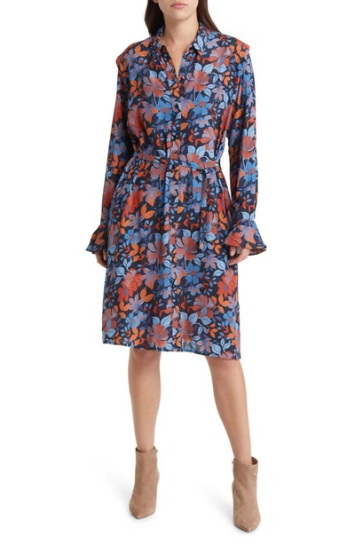 Shop French Connection Adalina Floral Belted Long Sleeve Shirtdress In Coastal Fjord
