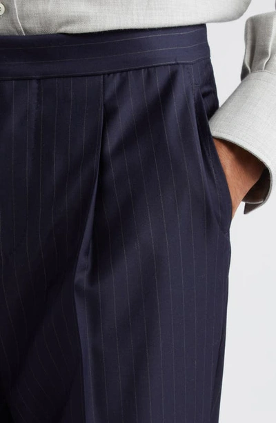 Shop Brunello Cucinelli Leisure Pleated Pinstripe Wool Pants In C002 Navy