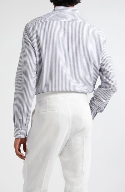Shop Brunello Cucinelli Stripe Band Collar Cotton & Linen Shirt In C016 White Blue